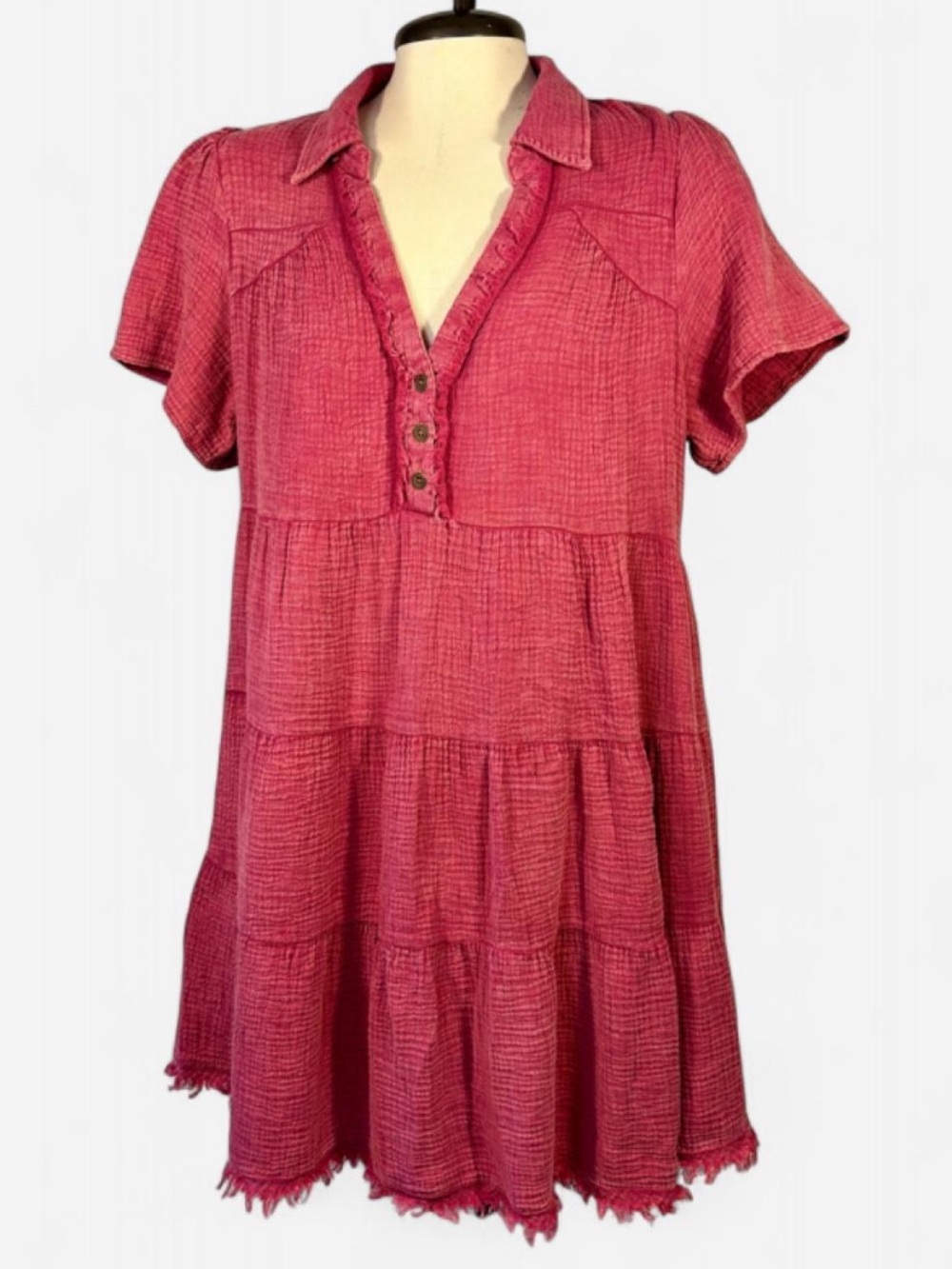 Ungee Cotton Gauze Tiered Babydoll Tunic Dress Fuchsia Boho Cottagecore Lg - Picture 2 of 8
